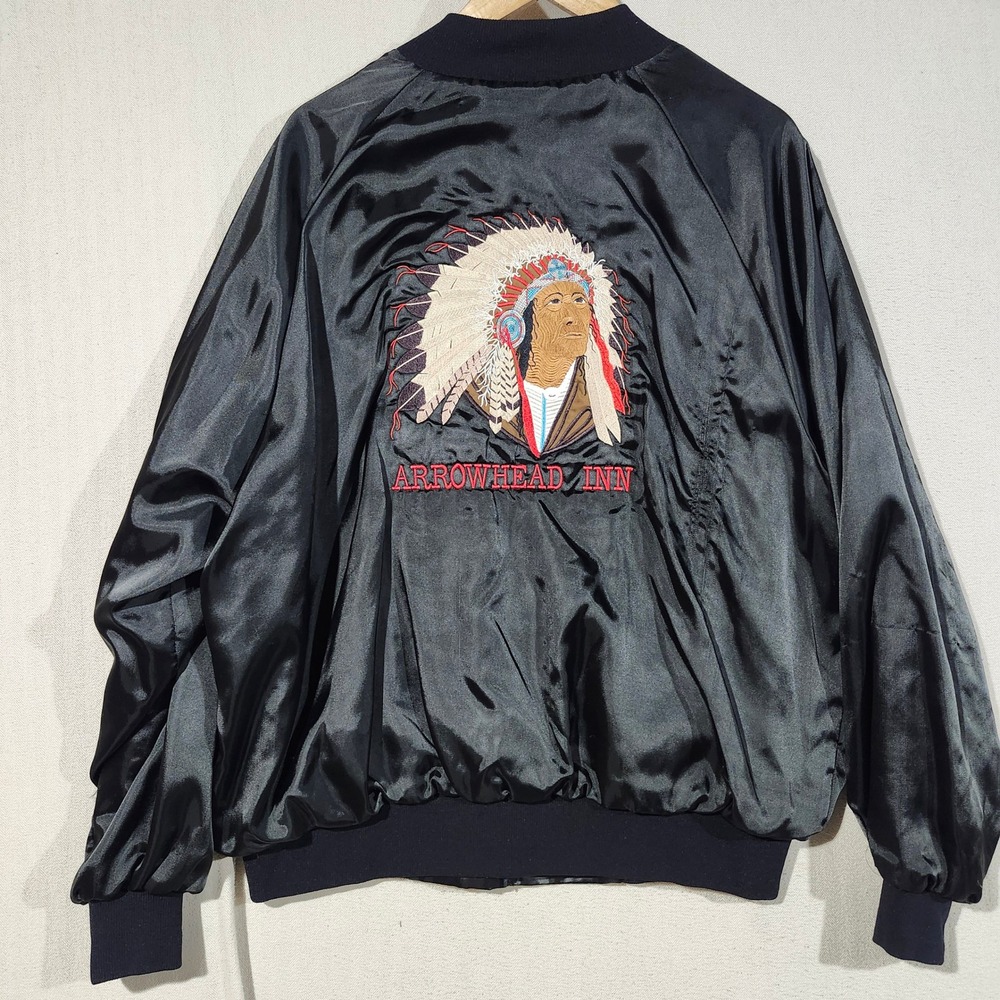 Vintage WestArk Satin Bomber Jacket XL Black Arrowhead Inn Native American USA